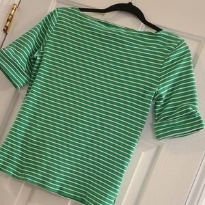 Lauren Ralph Lauren Green and White Striped Boatneck Tee